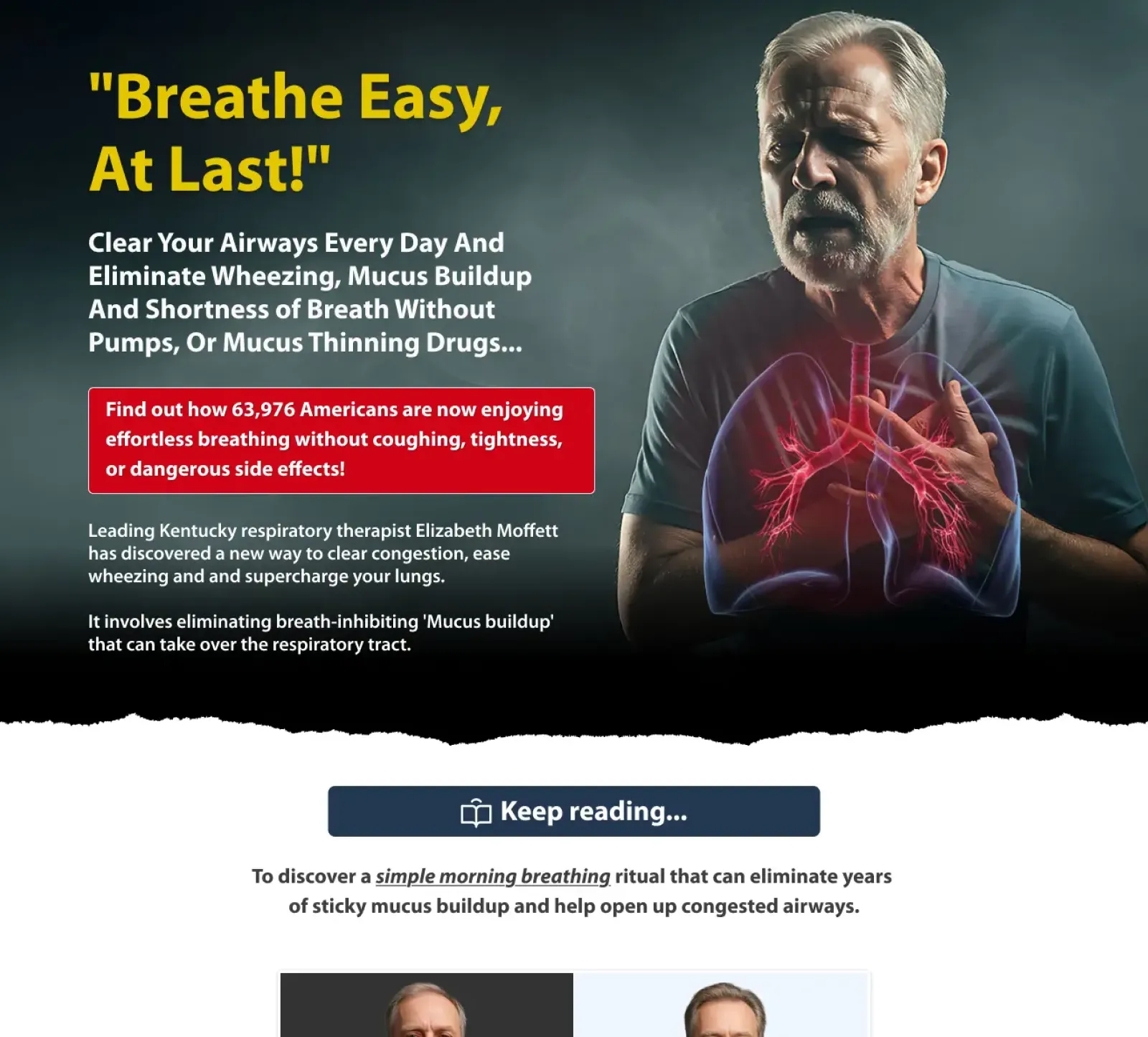 Breathe TSL respiratory health advertorial with hero claim, support copy and keep reading call to action.
